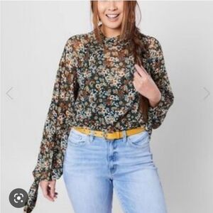 Free People All Dolled Up Floral Green Sheer High Neck Long Sleeve Mesh Blouse S